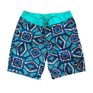 Hollister Geometric Print Board Shorts Teal Blue 30